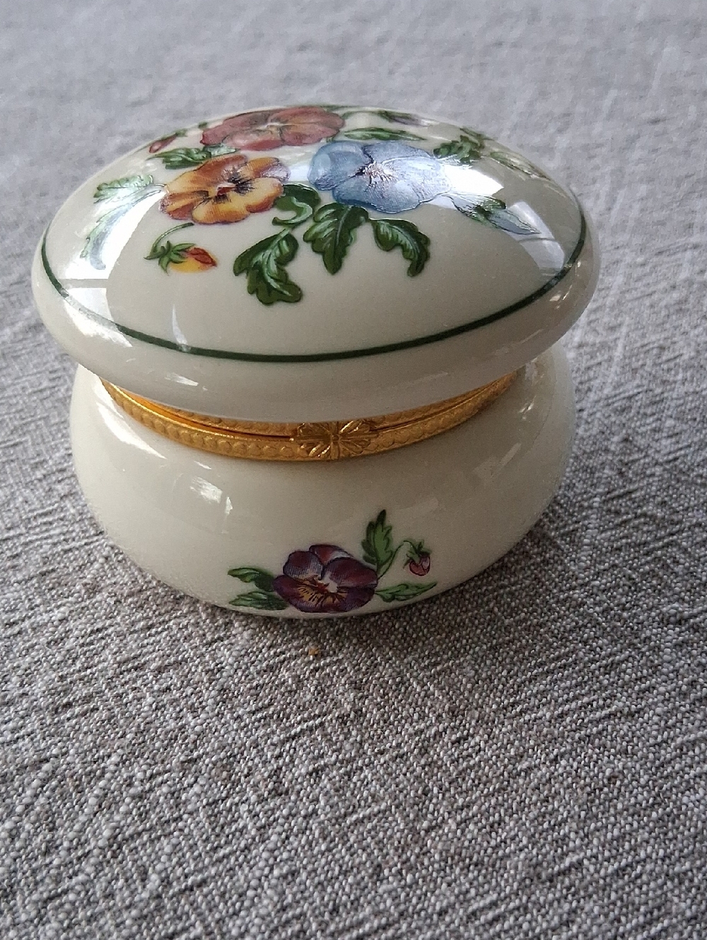 Hand-Painted Floral Porcelain Box with Gold Hinge